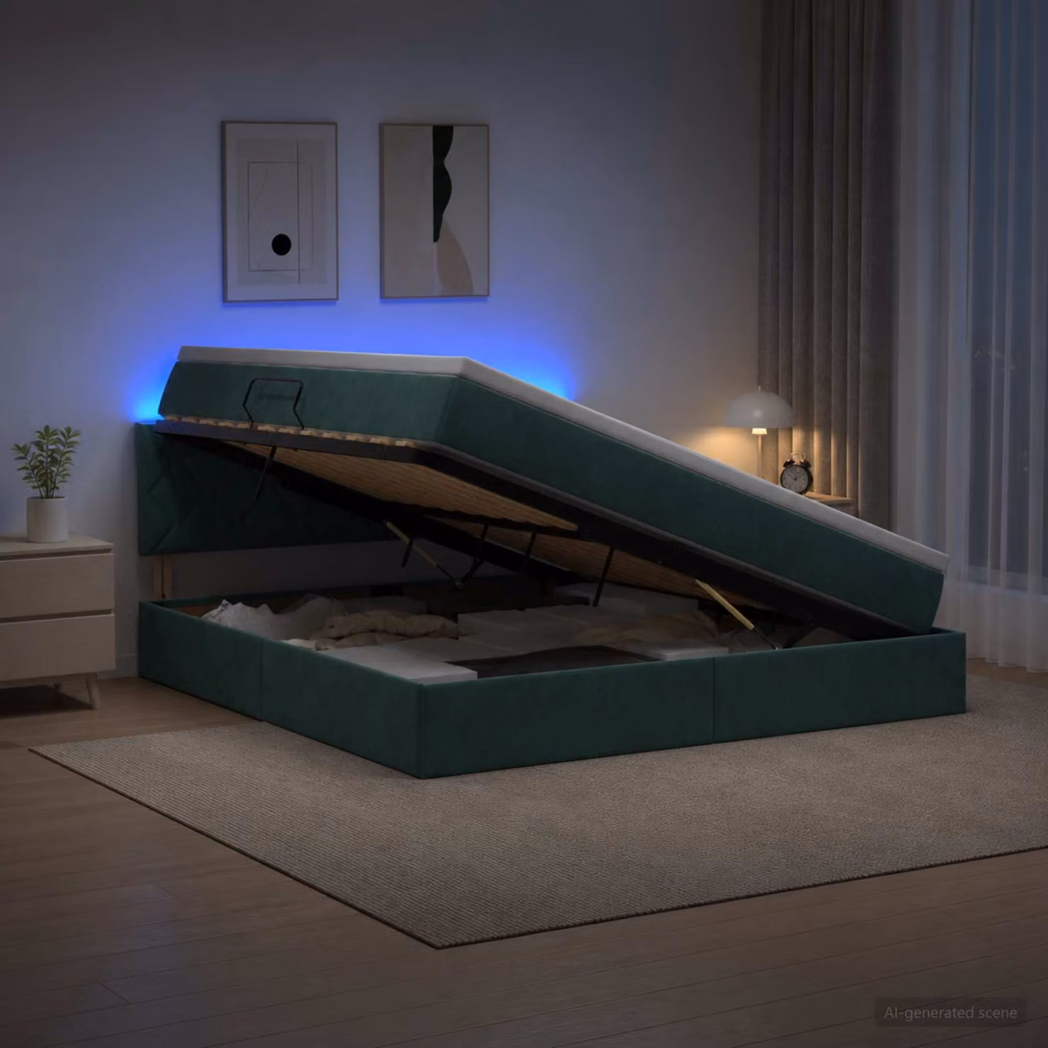 Letto con contenitore e illuminazione LED vidaXL in velluto verde scuro con materasso, L/P/H: 180 x 200 x 204 cm