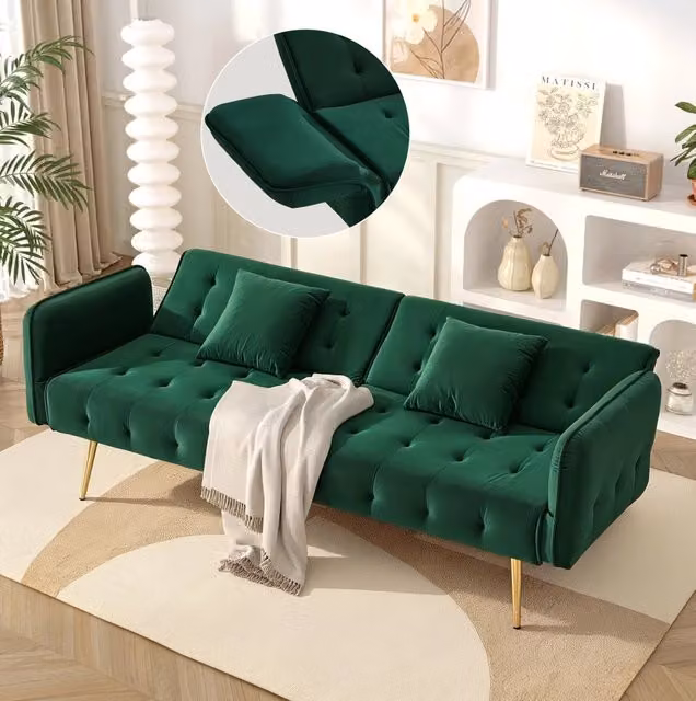 Divano letto 2 posti in velluto verde con schienale e braccioli regolabili; area letto 215×81;5 cm