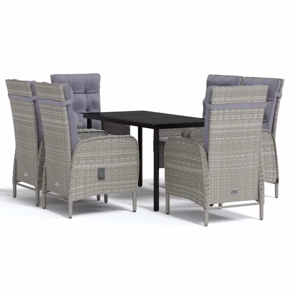 Set da pranzo da giardino vidaXL in polyrattan con tavolo in vetro e 7 sedie con cuscini, Grigio e Nero – 2