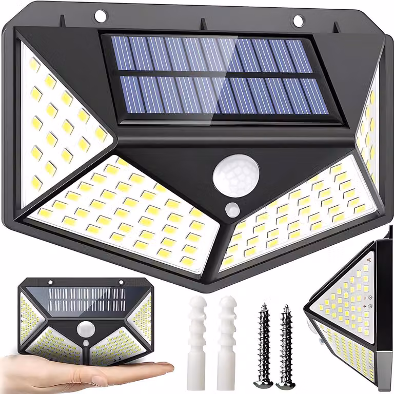 Lampada da esterno a LED solare, 100 LED, 3 modalità, sensore di movimento, grado di protezione IP65
