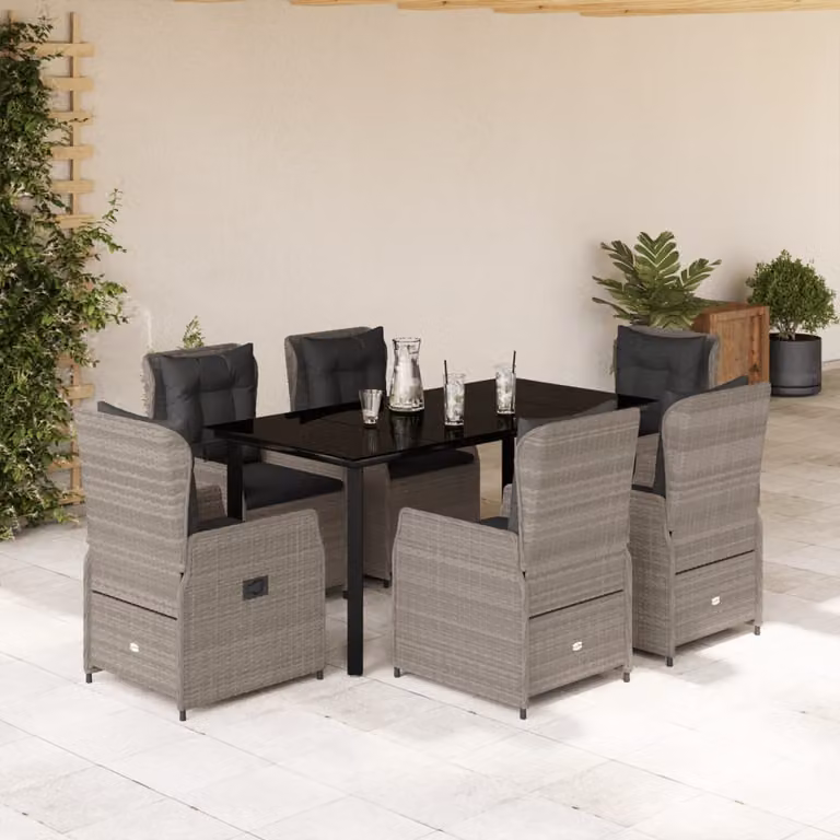 Set da Pranzo da Giardino vidaXL in Polyrattan e Vetro con 7 Pezzi Grigio e Nero