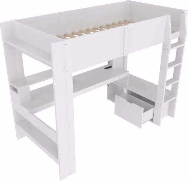 Letto a soppalco 90x200 cm con scrivania, illuminazione LED, cassetti e ripiani, bianco, senza materasso