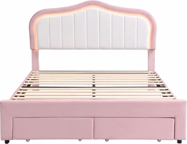 Letto imbottito 140 × 200 cm 2 posti con 2 cassetti, LED controllabile tramite applicazione, senza materasso, rosa