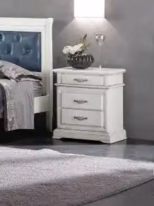 Comodino KIVIO in legno stile shabby chic con 3 cassetti bianco opaco