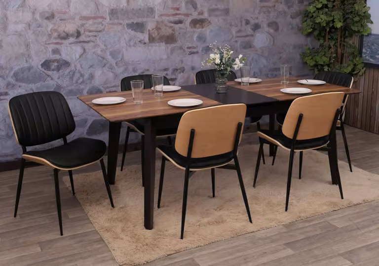 Set di 6 sedie da pranzo modello HWC-O44, sedia per cucina, materiale: legno massello, rivestimento: ecopelle, colore: naturale, nero