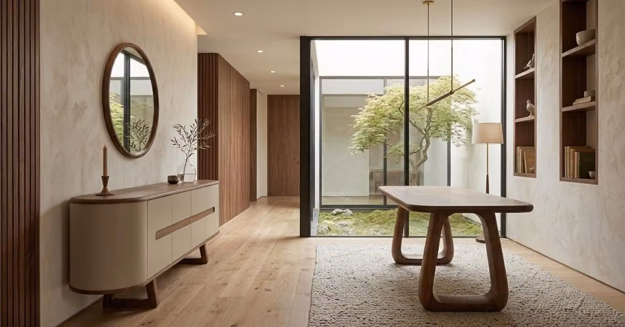 Set elegante per sala da pranzo, composto da tavolo, credenza e specchio