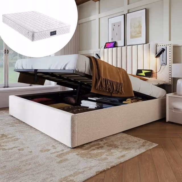 Letto imbottito 140x200 - Xylo - Beige con materasso
