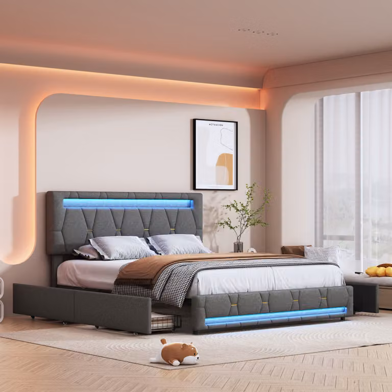 Letto imbottito 140x200cm con LED e testata regolabile in altezza, letto matrimoniale con rete a doghe, letto matrimoniale con 4 cassetti, letto contenitore per biancheria, grigio