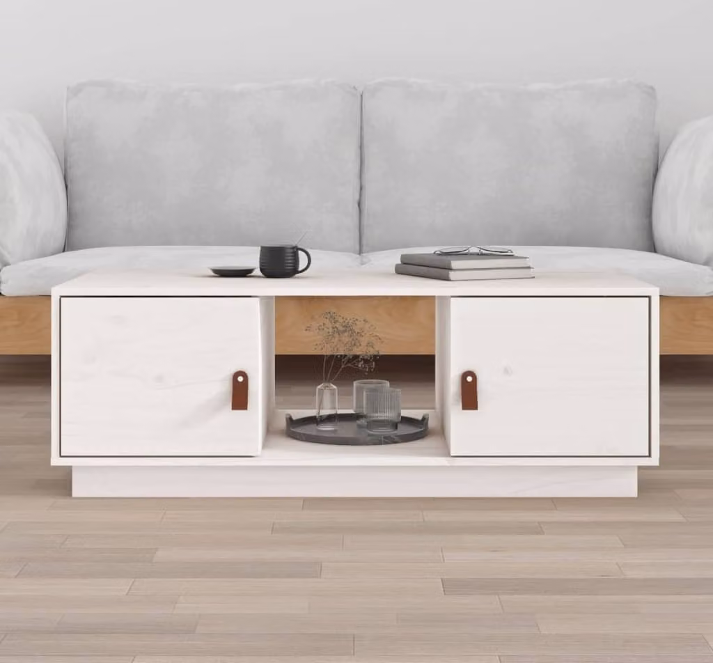 The Living Store Tavolino bianco 100x50x35 cm in legno di pino massiccio