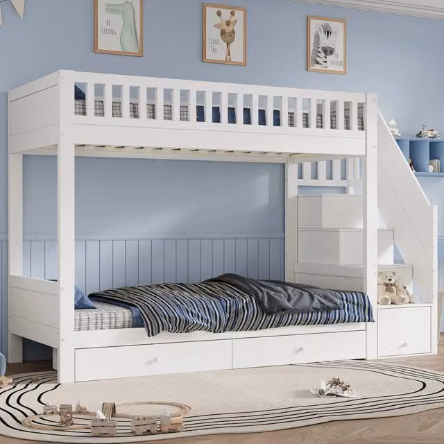 Letto a castello 90x200 cm con scala contenitore; 2 cassetti e sponde in legno e MDF bianco
