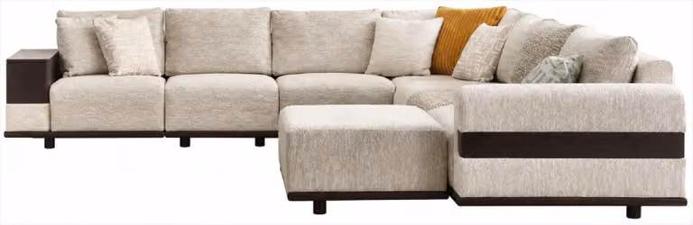 Divano ad angolo beige, moderno, rivestito in tessuto, ideale per la zona living
