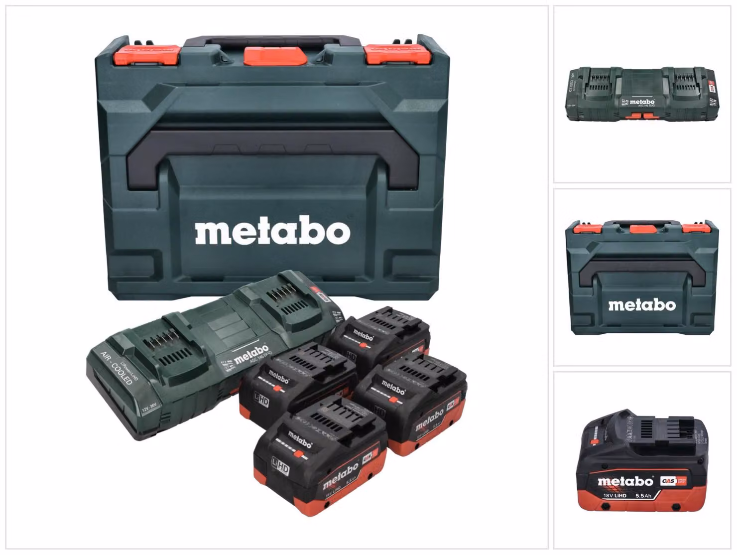 Kit base Metabo - 4x batterie LiHD 18 V 5,5 Ah Li-Ion CAS (685180000) + caricabatterie doppio ASC 145 DUO + metaBOX