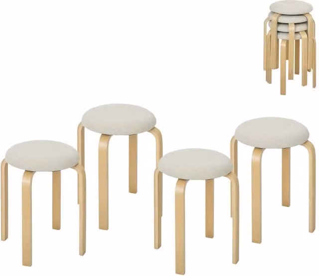 Set di 4 sgabelli da cucina impilabili con seduta imbottita in legno e tessuto effetto lino bianco crema