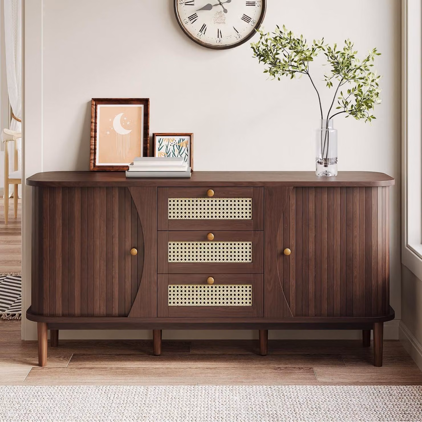 Comò marrone, 140 cm di larghezza, mobile contenitore per il soggiorno in legno e rattan, stile vintage, con cassetti e ripiani