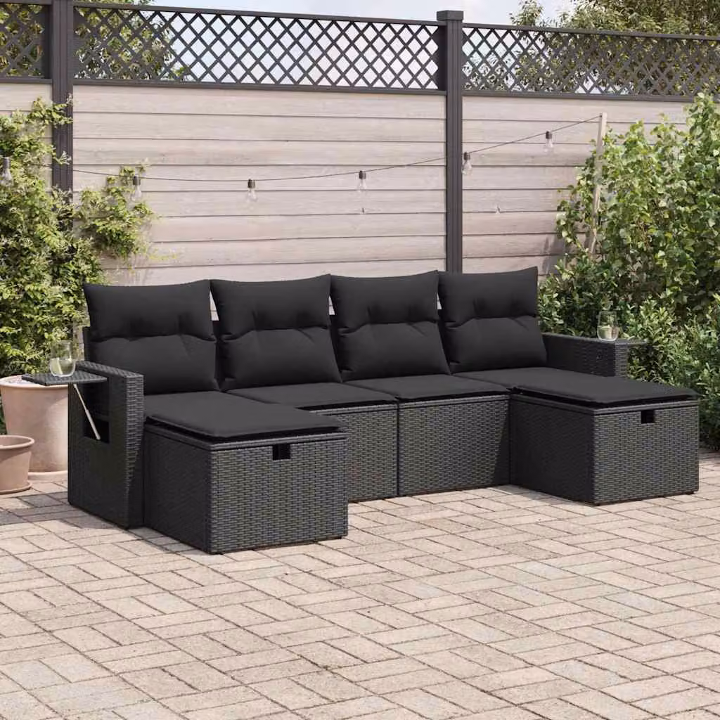 Set Divano da Giardino a L vidaXL 6 pz con Cuscini Nero in Polyrattan e Struttura in Acciaio