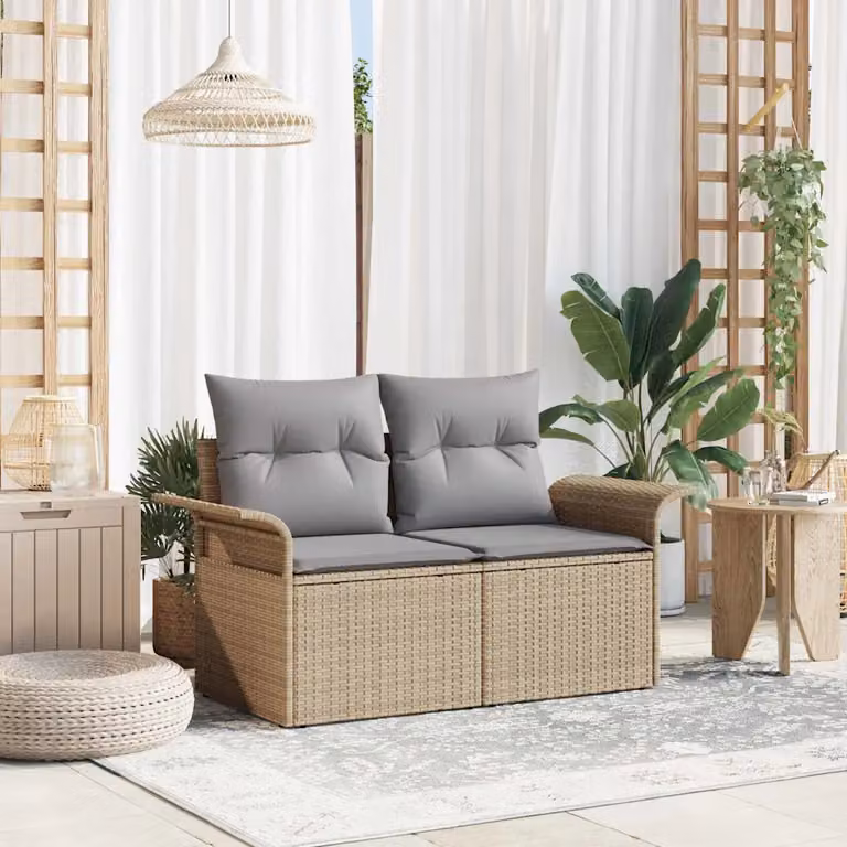 vidaXL Divano da giardino in polyrattan beige con cuscini, L: 141 cm, P: 62 cm, H: 69 cm