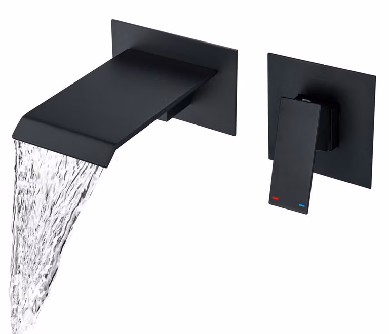 Miscelatore per lavabo, montaggio a parete, nero, design a cascata, monocomando, 2 fori, installazione a incasso