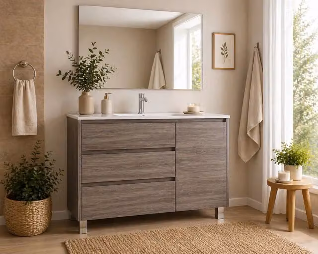 Mobile Bagno VOLUM Già Montato 3 cassetti e porta, lavabo e specchio Rovere affumicato 100x45 cm