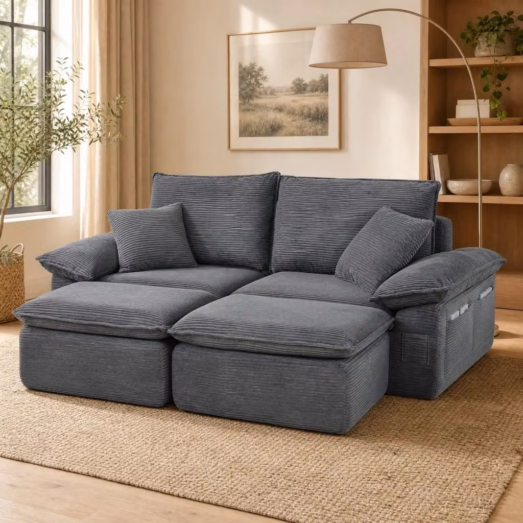 Divano modulare MIVRAY a 2 posti in tessuto grigio con pouf coordinato per il tuo soggiorno – 2
