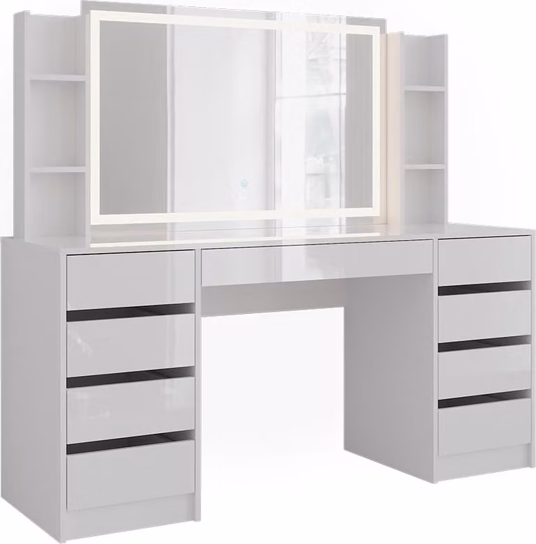 Tavolo da toeletta Vicco Sherry Bianco/Bianco lucido 158.2 cm con specchio a LED, Model 57662