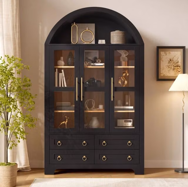 Madia alta nera con 3 ante in vetro; 4 cassetti e vano ad arco; 110x40x185 cm