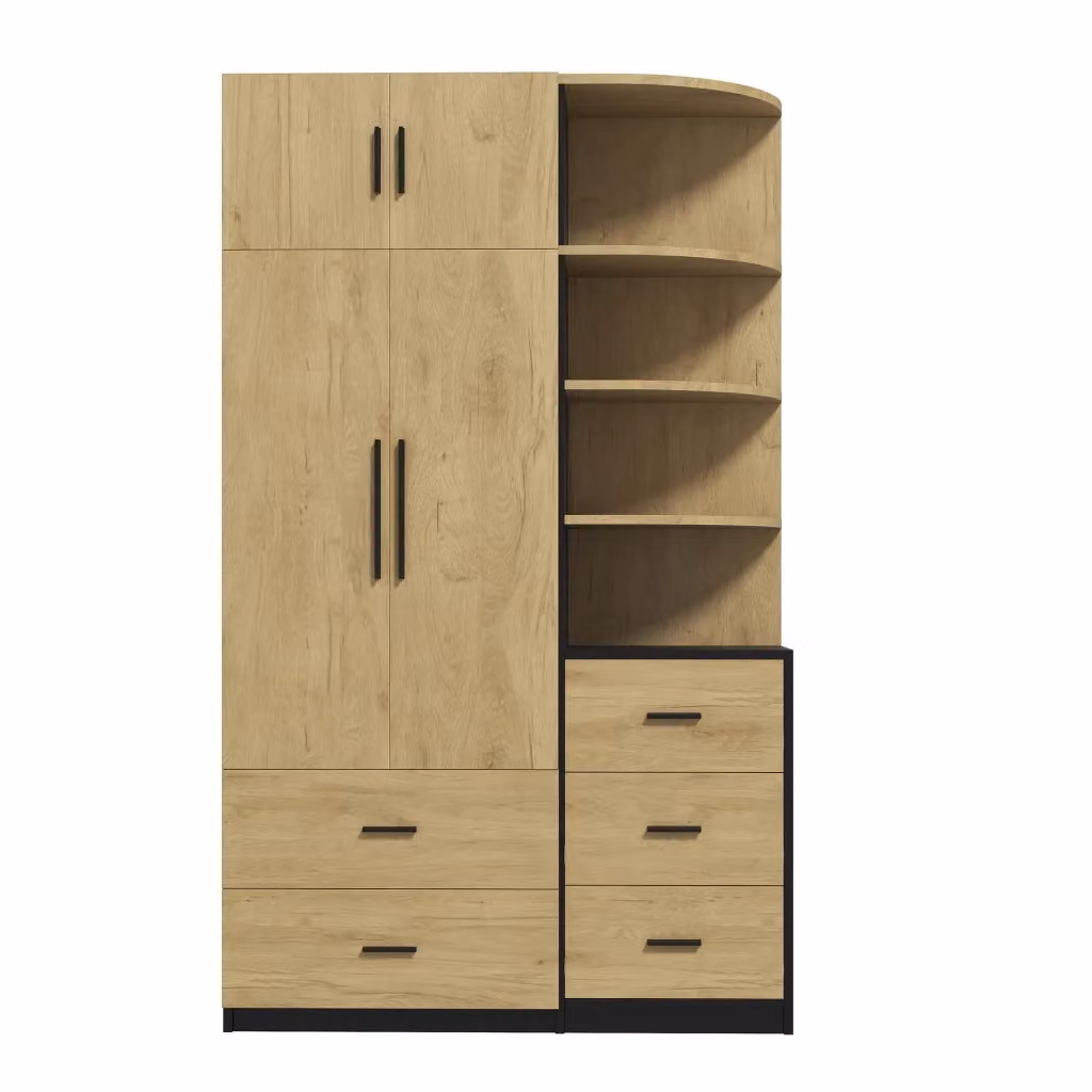 Armadio Chicfurn per camera da letto con 2 ante, 5 cassetti, vani aperti e barra appendiabiti, colore naturale e nero, L: 110 cm, P: 40 cm, H: 186 cm – 2