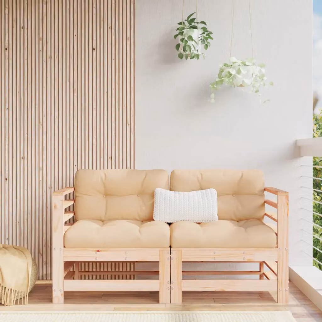 Set di 2 divani angolari vidaXL in legno massello di pino con cuscini beige e marrone per giardino e terrazza – 1