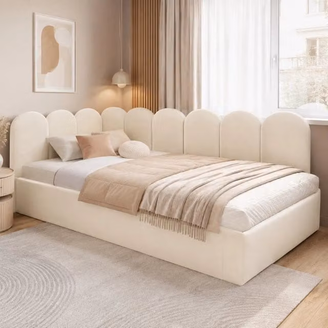 Daybed imbottito moderno in tessuto beige con letto estraibile e contenitore L/P/H: 203 x 90 x 76 cm