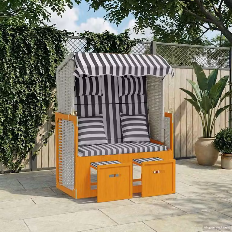 vidaXL Strandkorb in Polyrattan con Struttura in Legno di Abete, Colore Bianco e Grigio con Cuscini e Tendalino