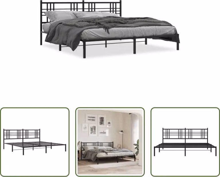 The Living Store Struttura letto con testiera in metallo nero 193x203 cm