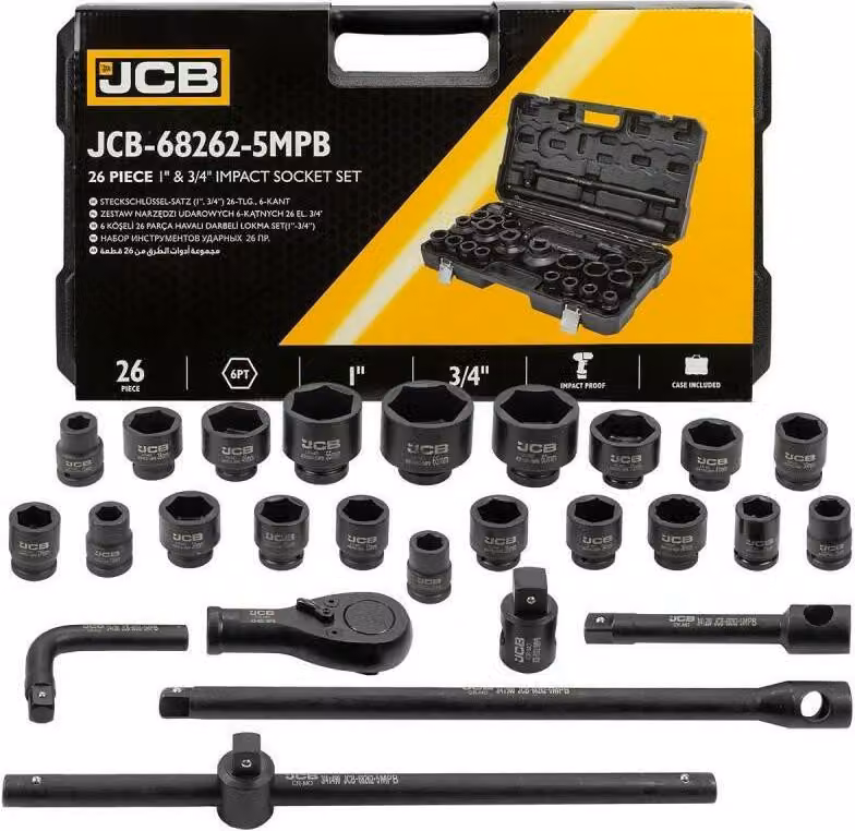 JCB | set di utensili, 26TLG, 3/4", 17-50mm, esagono, cassetta degli attrezzi, cassetta degli attrezzi, cassetta degli attrezzi