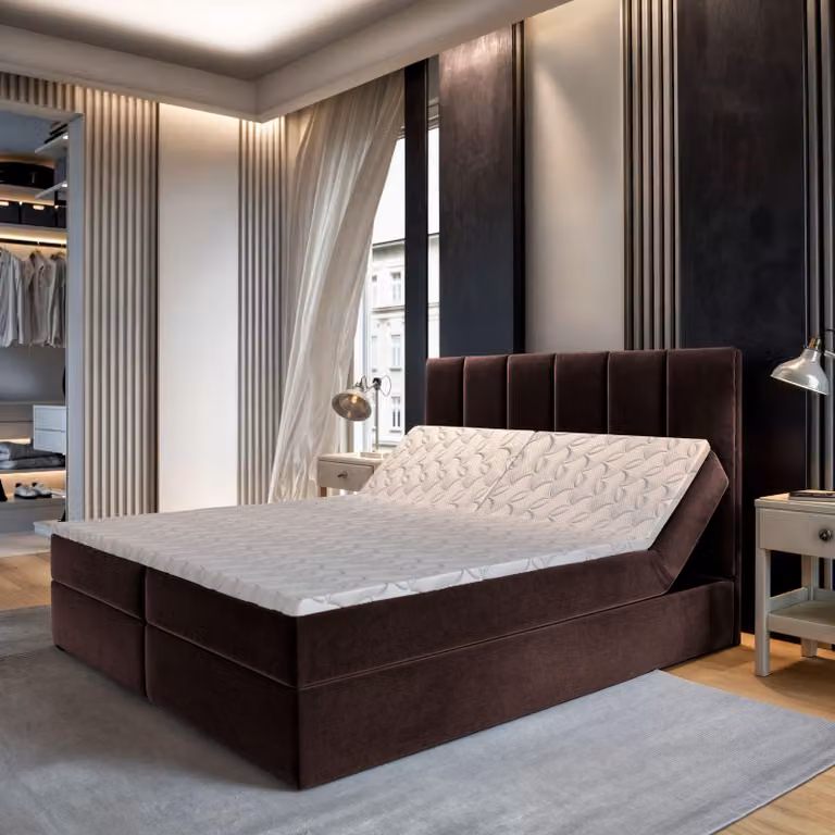 Masseno letto a molle BARINO 140x200 cm completo di materasso bonell e topper, letto imbottito con cassettiera - marrone, KRONOS 06