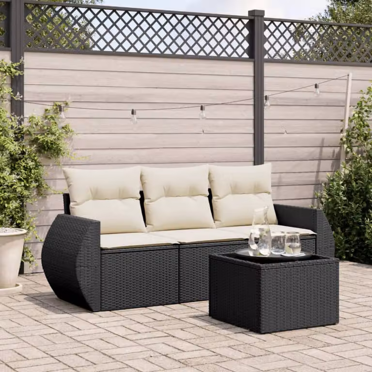 Set da giardino moderno vidaXL composto da 2 divani a 2 posti, 2 poltrone e 1 tavolino con cuscini bianchi e struttura in metallo nero