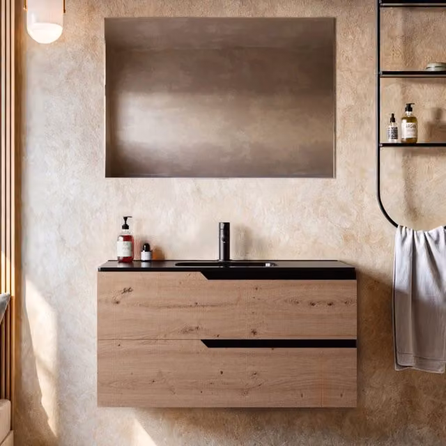 Mobile bagno 100cm sospeso rovere cartagena lavabo nero opaco - jaguar, selezione accessori senza specchio
