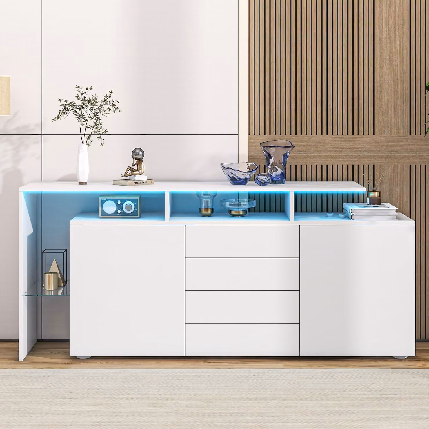 Credenza MODFU con illuminazione a LED, cassettiera con ripiani in vetro, vetrina multiuso e mobile buffet, mobile da soggiorno in bianco lucido, 160 × 35 × 70 cm