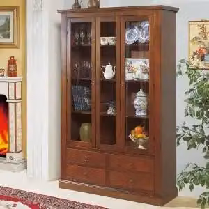 Credenza cristalliera in legno arte povera noce scuro 4 cassetti e 2 ante