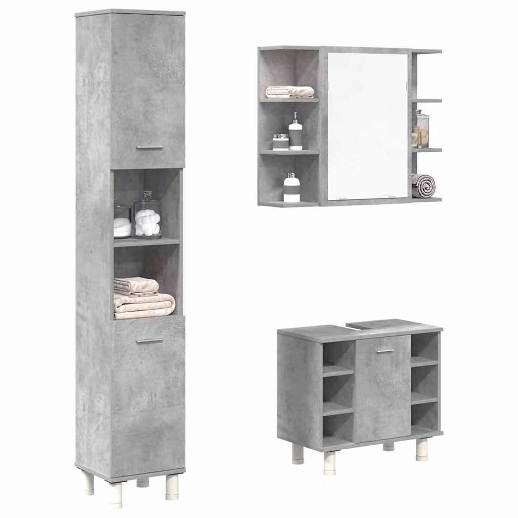 Set di mobili da bagno vidaXL 3 pezzi in legno e vetro, colore grigio cemento, stile moderno con mobile lavabo, armadietto con specchio e colonna alta