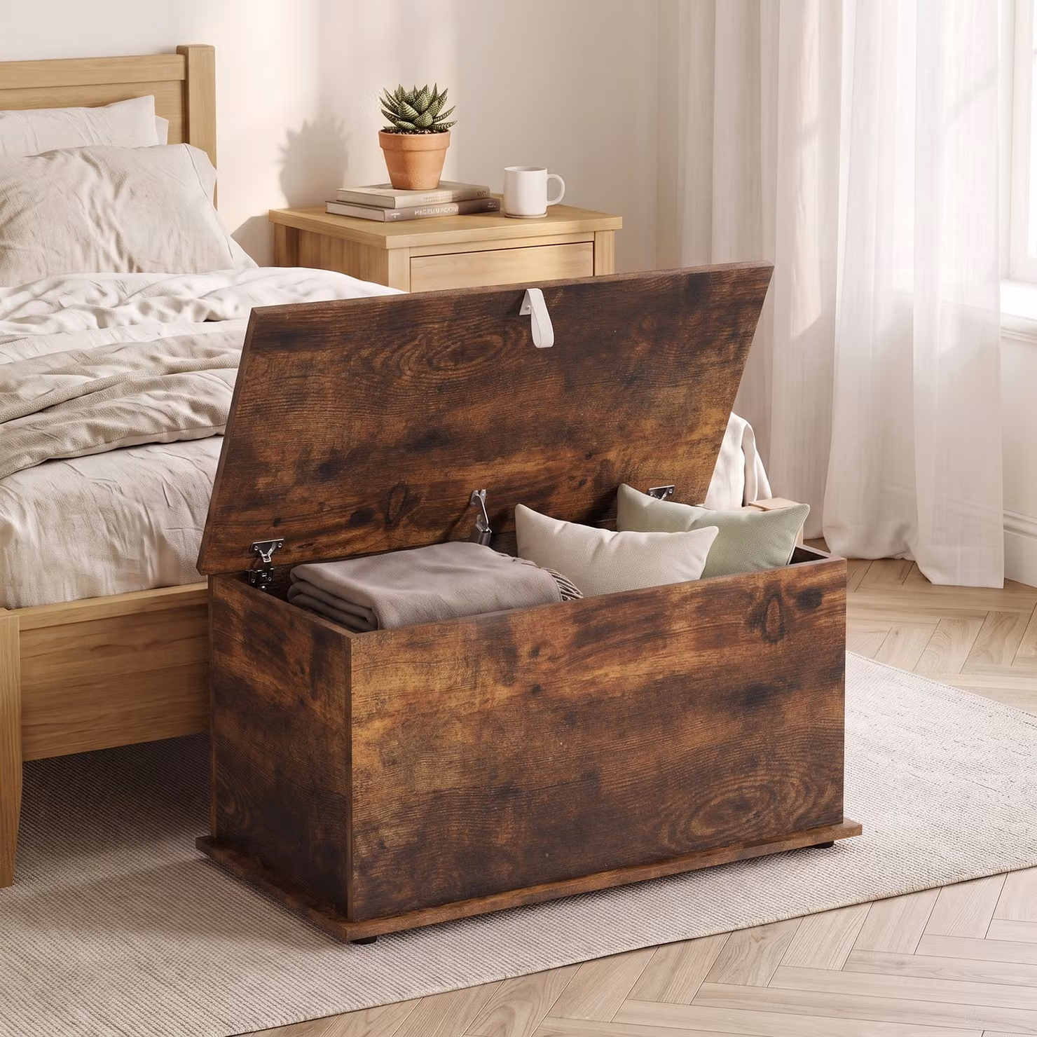 Cassapanca Contenitore e Panca Portascarpe HOMCOM con Coperchio di Sicurezza, Marrone Rustico – 2