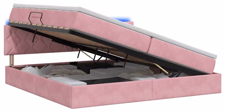 Letto imbottito con tecnologia LED e materasso rosa, dimensioni 200 x 200 cm, rivestito in velluto