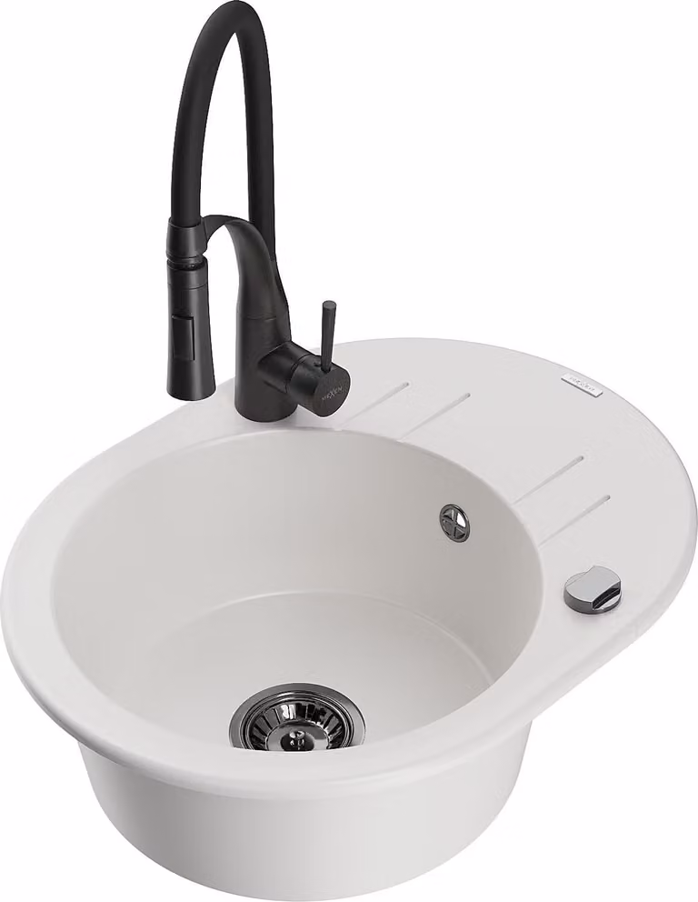 Mexen Kevin lavello in granito con 1 vasca con gocciolatoio e miscelatore cucina Aster, bianco - 6517-20-73450-70-B