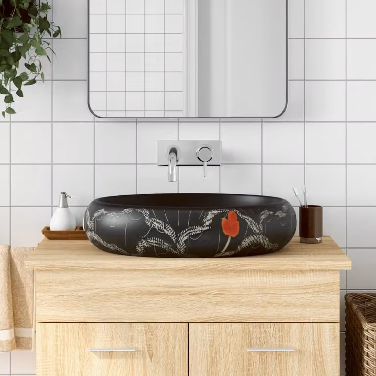 Lavabo da appoggio ovale vidaXL in ceramica nera L: 59 cm, P: 40 cm, H: 15 cm