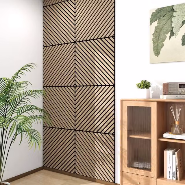 Set di 16 pannelli murali 3D fonoassorbenti NEU.HOLZ con listelli diagonali, effetto noce chiaro, copertura 5,76 m², L/P: 60 x 60 cm