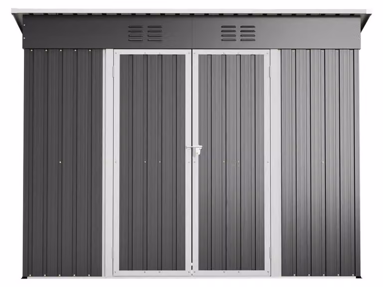 Magazzino esterno, realizzato in metallo impermeabile, con design che prevede la possibilità di essere chiuso a chiave, colore grigio