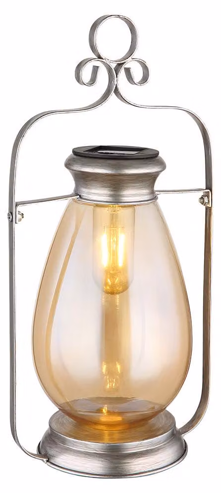 Lampada solare a LED, lanterna, colore argento, vetro ambrato, grado di protezione IP44, altezza 36,5 cm