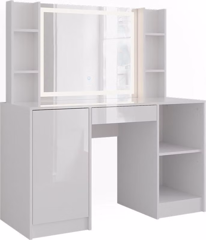 Tavolo da toeletta Vicco Sherry Bianco/Bianco lucido 128.2 cm con specchio a LED, Model 57627