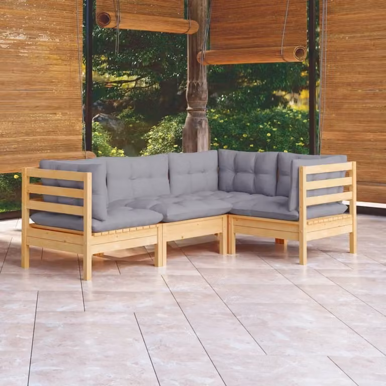 The Living Store Set da giardino 4 pezzi con cuscini grigi in legno di pino