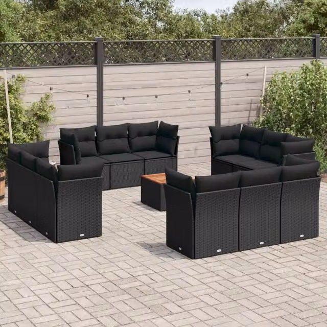 Set di Divani da Giardino a Forma di U vidaXL in Polyrattan Nero con Cuscini e Tavolino da Esterno