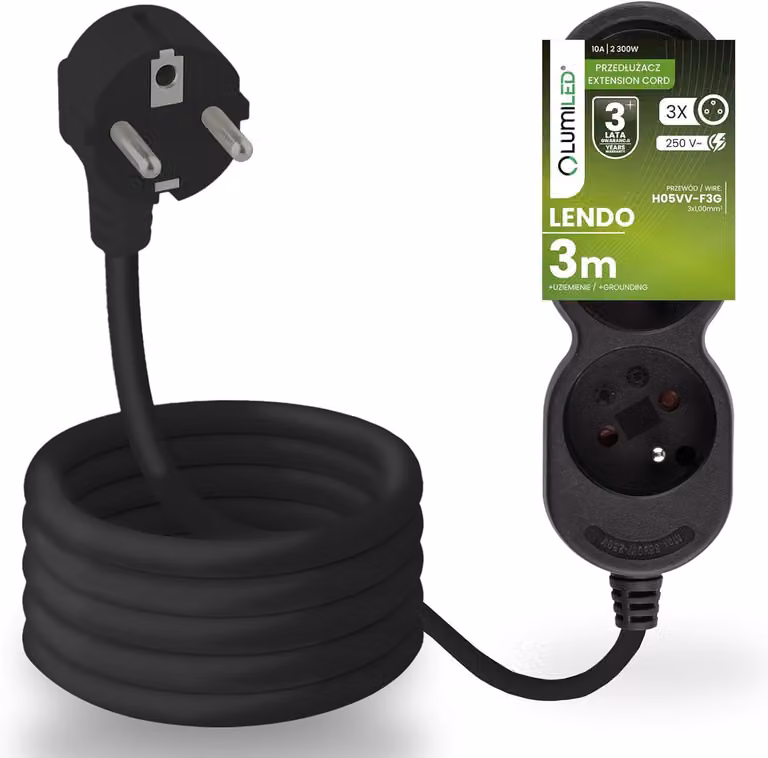 Presa multipla LUMILED Presa tripla tipo E, cavo da 3 m H05VV-F3G nero Presa multipla E 10A 2300W 250V IP20 Staffa per sospensione