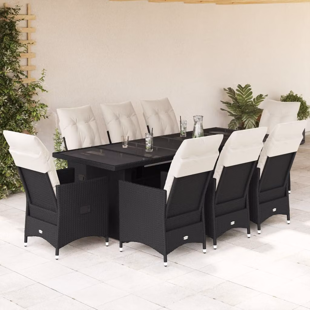 Set Bistrò da Giardino e Balcone vidaXL in Polyrattan Nero con Cuscini e Piano in Vetro, 9 Pezzi – 1