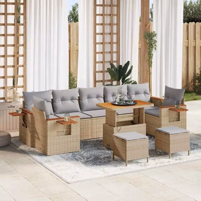 Set Divano da Giardino a U vidaXL con Tavolino e Pouf, Colore Grigio e Beige, Struttura in Acciaio e Cuscini Inclusi